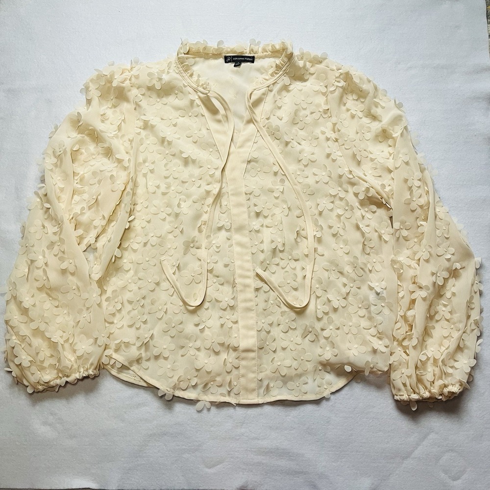 Adrianna Papell Chiffon Blouse Ivory 3D Floral Applique Sheer Top Sz Small